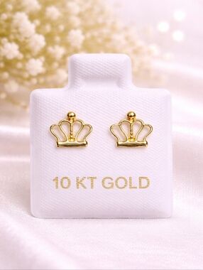 10K Solid Gold Crown Stud Earrings 8mm Screw Back Minimalist Women Kids Princess